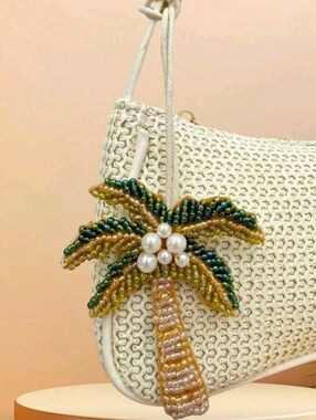 Beaded Palm Tree Bag Charm - Green and Gold